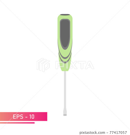 A flat screwdriver with a green handle and black rubber elements. Realistic design. On a white background. Tools for any specialist. Flat vector illustration. A flat screwdriver with a green handle and black rubber elements. Realistic design. On a white background. Tools for any specialist. Flat vector illustration. 77417057