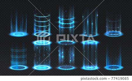 Realistic portal. Level up and teleportation process game effect, futuristic lighting and bright wrap aura. Glowing neon energy circles set. Vector vertical teleport with luminous beams Realistic portal. Level up and teleportation process game effect, futuristic lighting and bright wrap aura. Glowing neon energy circles set. Vector vertical teleport with luminous beams 77419085