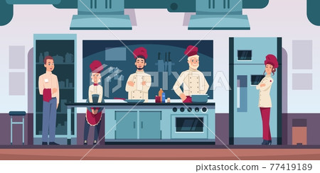 Restaurant kitchen. Cartoon cuisine interior of cafe with refrigerator and oven. Professional chefs cooking food. Happy cooks and waiters standing in row. Vector workers in uniform 77419189