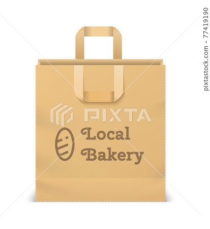 Realistic paper shopping bag. 3D bakery craft sack. Isolated cardboard store package with calligraphic lettering. Carrying bread or pastry in recyclable packet. Vector pack for purchases Realistic paper shopping bag. 3D bakery craft sack. Isolated cardboard store package with calligraphic lettering. Carrying bread or pastry in recyclable packet. Vector pack for purchases 77419190