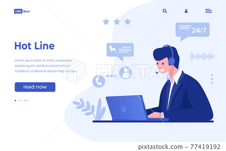 Hotline landing page. Customer support and feedback concept. Website interface mockup. Cartoon man answering clients calls. Operator helps to solve problems. Vector UI design with buttons Hotline landing page. Customer support and feedback concept. Website interface mockup. Cartoon man answering clients calls. Operator helps to solve problems. Vector UI design with buttons 77419192