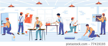 Home renovation. Cartoon builders make repairs. Professional brigade laying floor tiles and painting wall in apartments. Man sawing board. Vector handymen work with construction tools Home renovation. Cartoon builders make repairs. Professional brigade laying floor tiles and painting wall in apartments. Man sawing board. Vector handymen work with construction tools 77419193