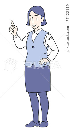 A woman in a vest skirt suit uniform who puts her hand on her waist with her finger and talks A woman in a vest skirt suit uniform who puts her hand on her waist with her finger and talks 77422119