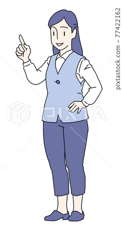 A woman in a vest pants suit uniform with long hair talking with her hands on her hips with her fingers 77422162