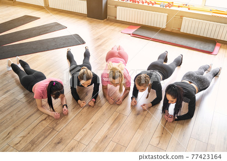Group of young women doing plank together in gym 77423164
