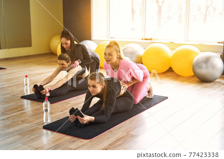 Young active women with slim body doing stretching exercise to keep fit, body flexibility on yoga mat at fitness class. Sporty people training in gym, sportswear fashion Young active women with slim body doing stretching exercise to keep fit, body flexibility on yoga mat at fitness class. Sporty people training in gym, sportswear fashion 77423338