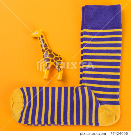 a pair of striped socks laid out on a yellow background, next to a toy giraffe, concept 77424006