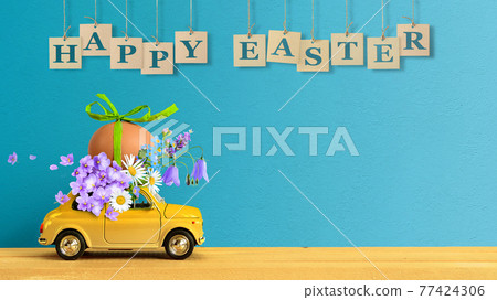 Retro car carrying an easter egg and bunch of flowers on the roof. Copy space 77424306