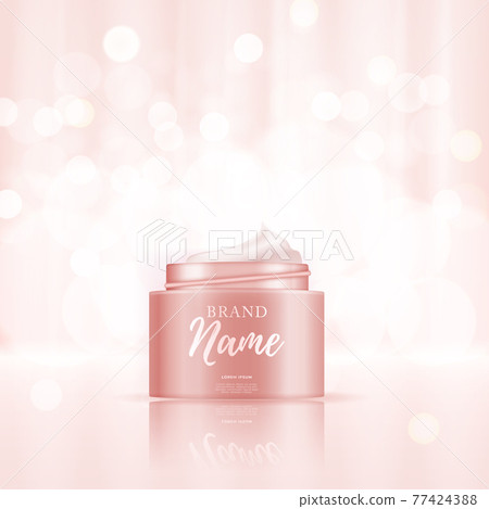 3D Realistic Natural beauty cosmetic product for face or body care on glossy bokeh background. Design Template of Fashion Cosmetics Product for Ads, flyer or Magazine Background. Vector Illustration 77424388