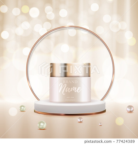 3D Realistic Natural beauty cosmetic product for face or body care on glossy bokeh background. Design Template of Fashion Cosmetics Product for Ads, flyer or Magazine Background. Vector Illustration 77424389