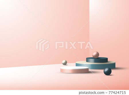 3D studio room showcase display geometric blue cylinder pedestal, round minimal blue scene pink background 77424715