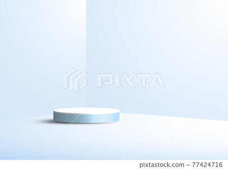 3D studio room showcase display geometric white cylinder pedestal, round minimal blue scene background 77424716