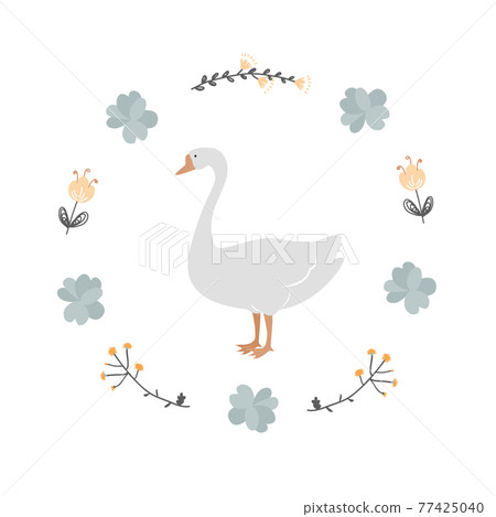 Vintage floral wreath frame with white goose, vector cartoon illustration Vintage floral wreath frame with white goose, vector cartoon illustration 77425040