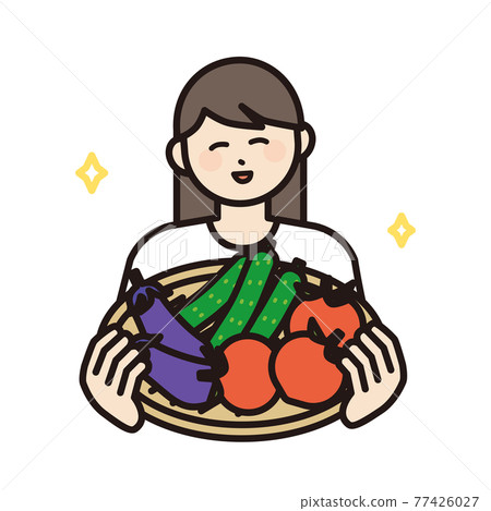 Illustration material of a woman holding a colander with vegetables Illustration material of a woman holding a colander with vegetables 77426027