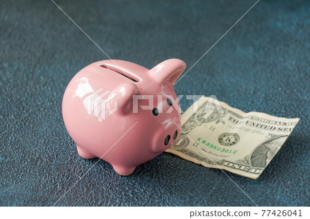 pink piggy bank with a dollar on a dark background. horizontal frame 77426041