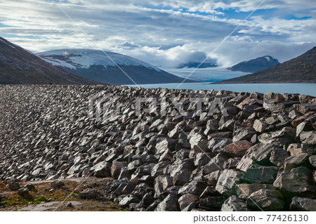 Styggevatnet glacial lake dam with Austdalsbreen glacier in background Jostedalsbreen National Park Sogn og Fjordane Norway Scandinavia Styggevatnet glacial lake dam with Austdalsbreen glacier in background Jostedalsbreen National Park Sogn og Fjordane Norway Scandinavia 77426130
