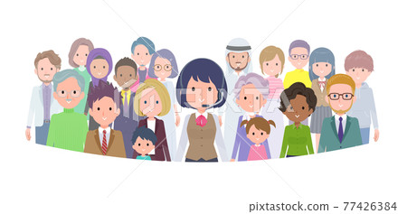 A set of business women with income standing in front of a large number of people A set of business women with income standing in front of a large number of people 77426384