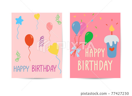 Set of cute creative birthday card templates. Hand Drawn card for birthday, party invitations, scrapbook, summer holidays. Vector illustration in pink, green and turquoise colors Set of cute creative birthday card templates. Hand Drawn card for birthday, party invitations, scrapbook, summer holidays. Vector illustration in pink, green and turquoise colors 77427230