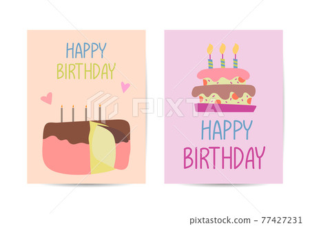 Set of birthday card design templates. Hand drawn cartoon vector sketch illustration with greetings Set of birthday card design templates. Hand drawn cartoon vector sketch illustration with greetings 77427231