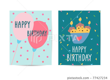 Set of cards Happy Birthday. Collection greeting templates. Invitation cards to the party. Vector banners with cake, balloons. Set of cards Happy Birthday. Collection greeting templates. Invitation cards to the party. Vector banners with cake, balloons. 77427234