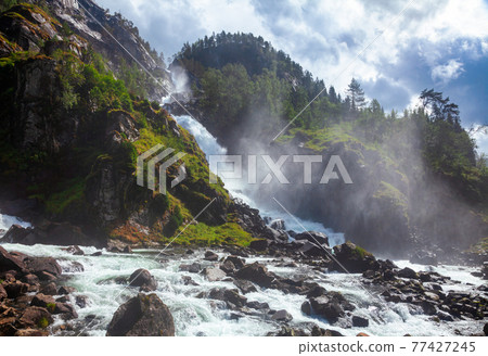 Scenic Latefoss twin waterfall Odda Hordaland Norway Scandinavia Scenic Latefoss twin waterfall Odda Hordaland Norway Scandinavia 77427245