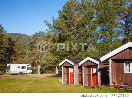 Wooden camping cabins at a campsite in Norway Scandinavia Wooden camping cabins at a campsite in Norway Scandinavia 77427253