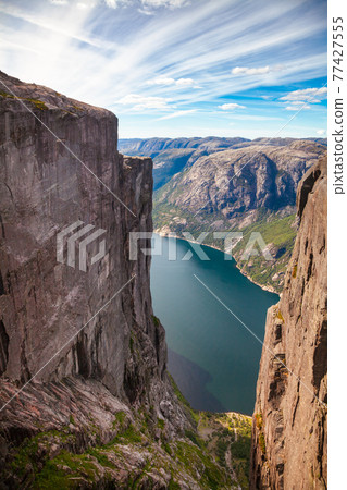 Lysefjord as viewed from Kjeragbolten Kjerag mountain Forsand Rogaland Norway Scandinavia Lysefjord as viewed from Kjeragbolten Kjerag mountain Forsand Rogaland Norway Scandinavia 77427555