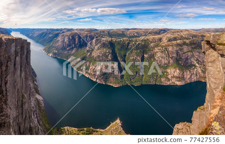 Lysefjord panorama from Kjerag mountain Forsand Rogaland Norway Scandinavia Lysefjord panorama from Kjerag mountain Forsand Rogaland Norway Scandinavia 77427556
