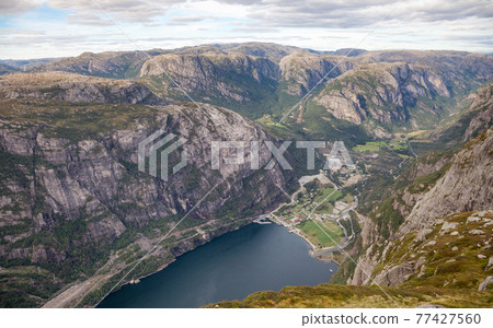 Lysebotn at Lysefjord as viewed from Kjerag mountain Forsand Rogaland Norway Scandinavia 77427560