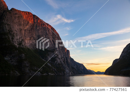 Sunset over Lysefjord Forsand Rogaland Norway Scandinavia Sunset over Lysefjord Forsand Rogaland Norway Scandinavia 77427561