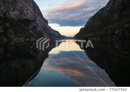 Sunset over Lysefjord Forsand Rogaland Norway Scandinavia 77427563