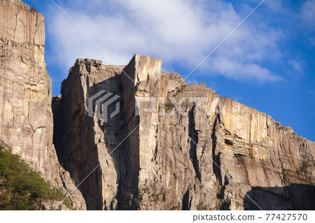 Preikestolen steep cliff major tourist attraction at Lysefjord Forsand Rogaland Norway Scandinavia Preikestolen steep cliff major tourist attraction at Lysefjord Forsand Rogaland Norway Scandinavia 77427570