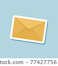Flat style of yellow letter sticker on blue background. 77427756