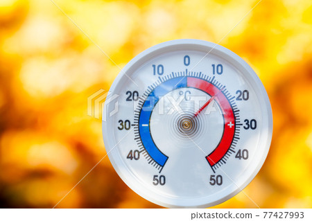 Outdoor thermometer shows warm temperature - hot indian summer concept Outdoor thermometer shows warm temperature - hot indian summer concept 77427993