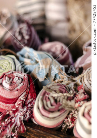 mixed traditional krama cotton scarves on display in cambodia 77428452