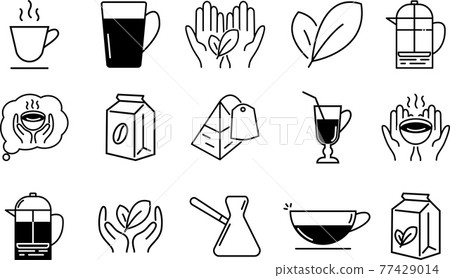 Coffee and tea icons. Contain french press, cup of tea or coffee, hands with tea leaf and other. 77429014