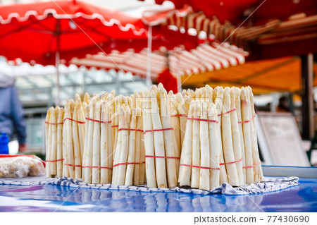Asparagus for sale at market stall in Bavaria Germany Asparagus for sale at market stall in Bavaria Germany 77430690