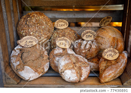 Various traditional german bread for sale in Rothenburg ob der Tauber Bavaria Germany 77430891