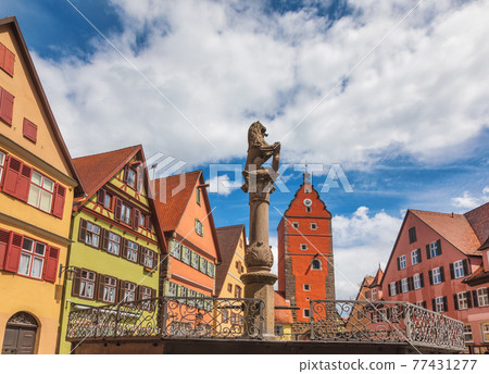 Lowenbrunnen spring Dinkelsbuhl Old town Central Franconia Bavaria Germany 77431277