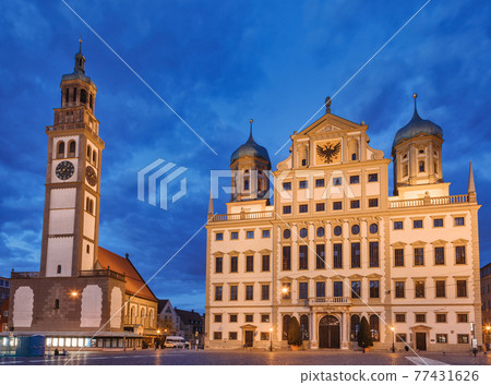Perlach Tower and Town Hall at Rathausplatz Augsburg Swabia Bavaria Germany Perlach Tower and Town Hall at Rathausplatz Augsburg Swabia Bavaria Germany 77431626