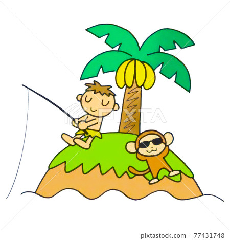 一個可愛的男孩和猴子在浮島上釣魚的插圖 77431748