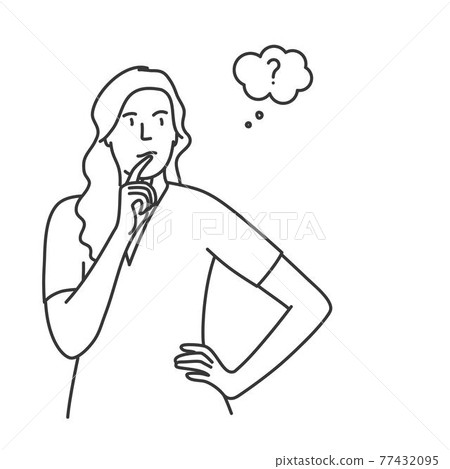 Cute girl holds her hand on her belt and thinks. Cute girl holds her hand on her belt and thinks. 77432095