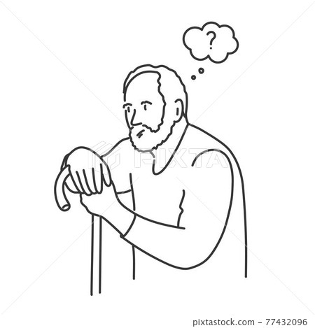 Elderly man leans on a cane. 77432096