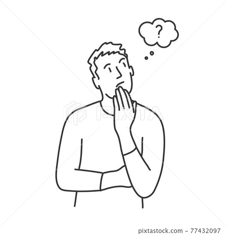 Young man holds his hand near his mouth and thinks. Young man holds his hand near his mouth and thinks. 77432097