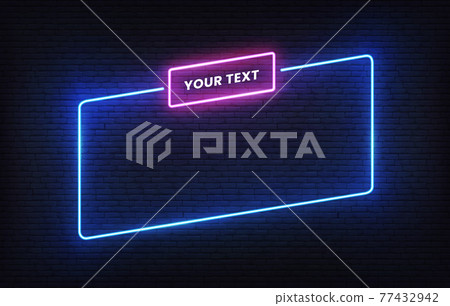 Neon frame template with placeholder. Blue incline light banner design template. Vector glowing rectangle signboard 77432942