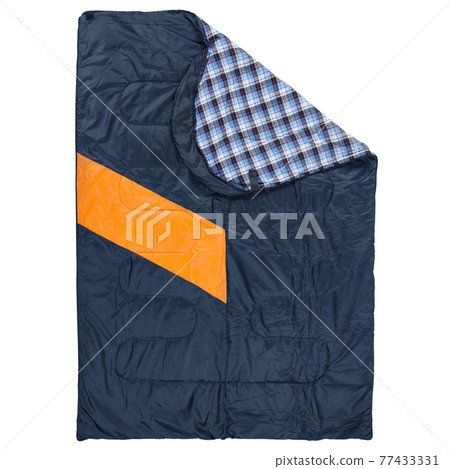 large sleeping bag with an orange stripe, spread out like a blanket, top view, on a white background 77433331