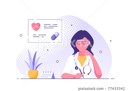 Woman doctor sitting at the table in the office. 77433342