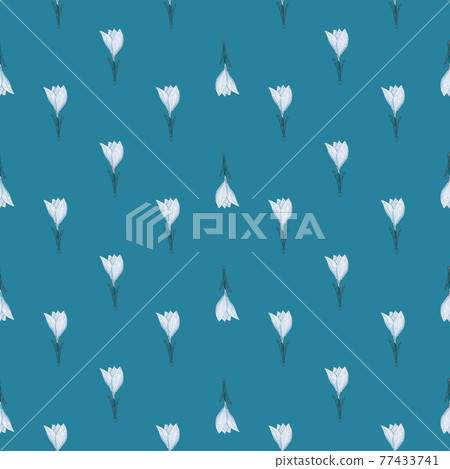 Ditsy seamless doodle pattern with light little crocus flower shapes. Turquoise background. Simple style. 77433741