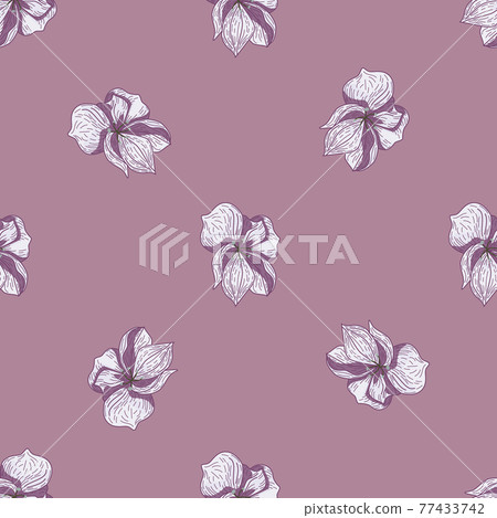 Minimalistic seamless pattern with outline flower elements print. Pale purple background. Simple style. 77433742