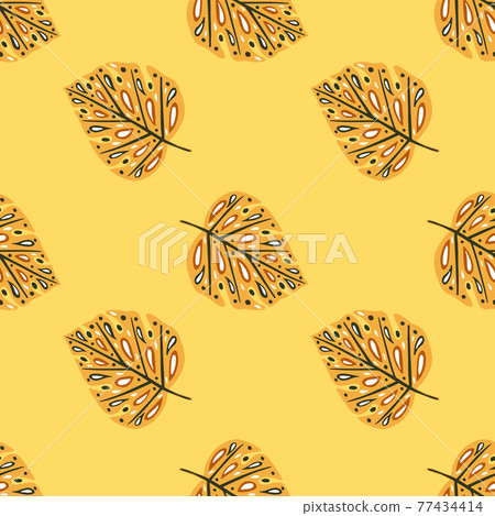 Botanic exotic seamless pattern with hand drawn doodle monstera leaf ornament. Orange pastel background. 77434414